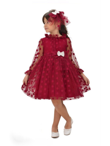 Официална детска рокля на точки в бордо с тюл, дълъг ръкав, коланче и 
