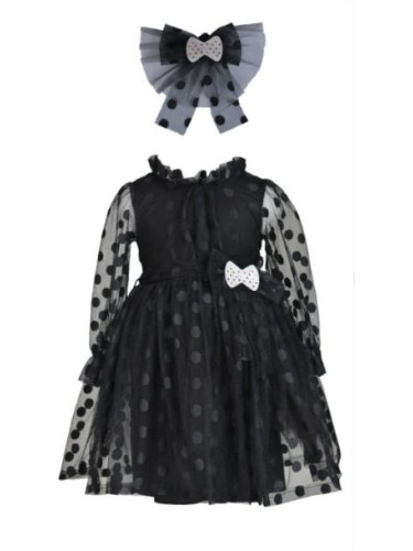 Официална детска рокля на точки в черно с тюл, дълъг ръкав, коланче и 