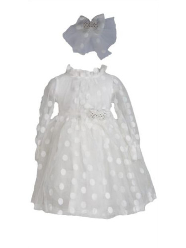 Официална детска рокля на точки в бяло с тюл, дълъг ръкав, коланче и п