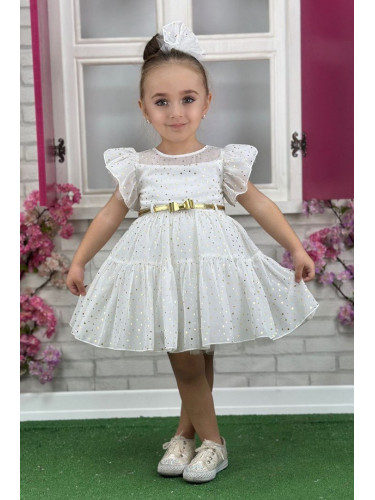 Официална детска рокля от тюл с къс ръкав буфан на бляскави точки в бя