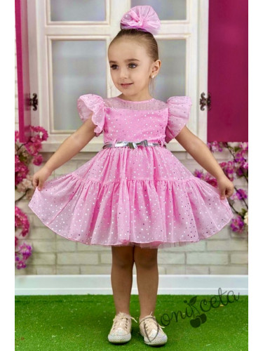 Официална детска рокля от тюл с къс ръкав буфан на бляскави точки в ци