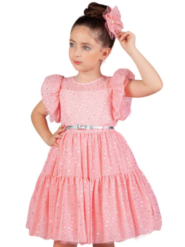 Официална детска рокля от тюл с къс ръкав буфан на бляскави точки в пу