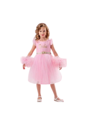 Детска официална рокля в розово с тюл пола и бяло коланче с помпони в 