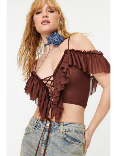 Trendyol Brown Crop Knitted Ruffle Blouse