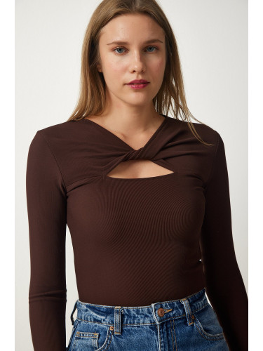 Happiness İstanbul Women's Brown Cut Out Detailed Corded Knitted Blouse