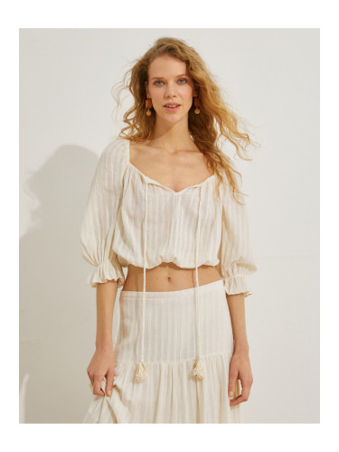 Koton Loose Crop Blouse with Balloon Sleeves Square Collar