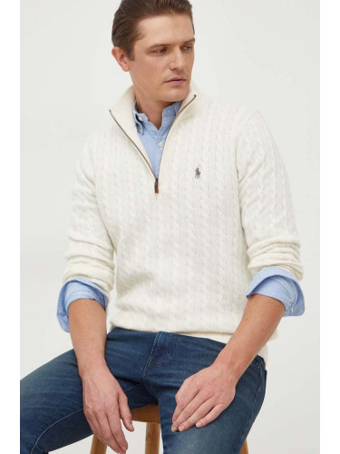 Вълнен пуловер Polo Ralph Lauren мъжки в бежово от лека материя с ниско поло 710A33364