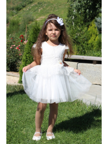 Официална детска рокля с къс ръкав с дантела и тюл в бяло