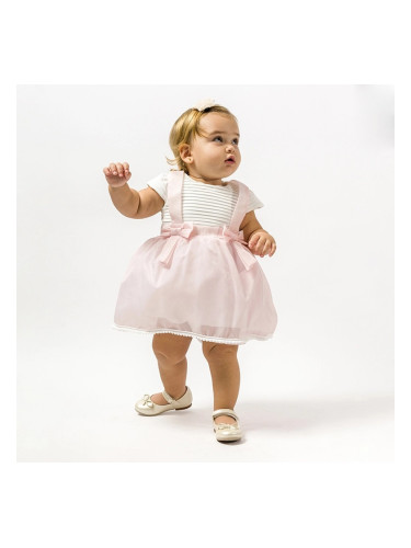 Официална/ежедневна детска рокля Елеонора с къс ръкав в екрю и розово