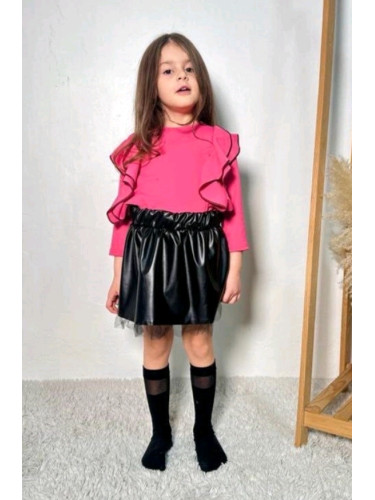 Комплект за момиче от кожена пола в черно и блуза в циклама