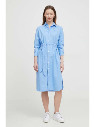 Памучна рокля Polo Ralph Lauren в синьо къса със стандартна кройка 211928808