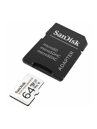 Карта памет 64GB microSDXC с адаптер, SanDisk High Endurance 64GB, Class 10, скорост на четене 100MB/s, скорост на запис 40MB/s