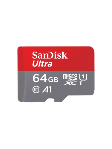 Карта памет 64GB microSDXC, с SD адаптер, SanDisk Ultra, Class 10 UHS-I A1, скорост на четене до 140Mb/s