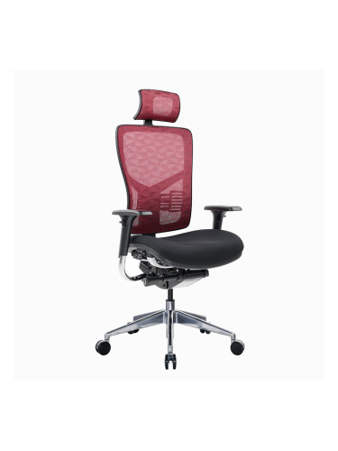 Работен стол RFG TECH@PRO, до 250кг, дамаска/меш, алуминиева база, Multi-function механизъм, коригиране на височината и дълбочината, лумбална опора, заключване на облегалката, черно-червен