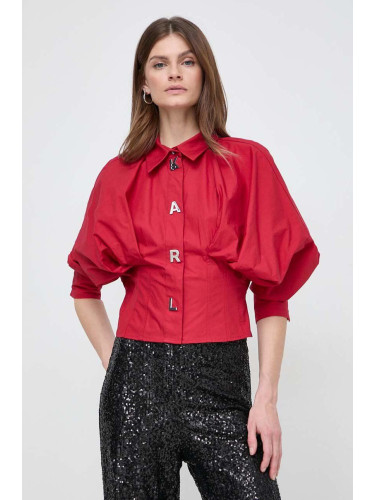Памучна риза Karl Lagerfeld дамска в червено със свободна кройка с класическа яка