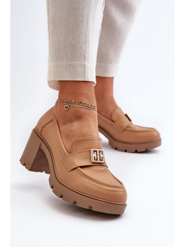 Women's shoes with a chunky heel with Camel Ranunca embellishment