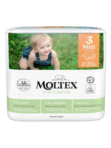 Moltex Pure & Nature Midi Size 3 еднократни ЕКО пелени 4-9 kg 33 бр.