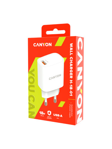 CANYON H-18-01, Wall charger with 1*USB, QC3.0 18W, Input: 100V-240V, 