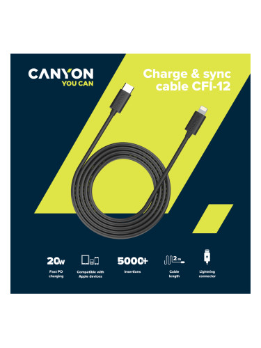 CANYON СFI-12, cable Type C to lightning ,5V3A, 9V2.22A ,PD20W, power 