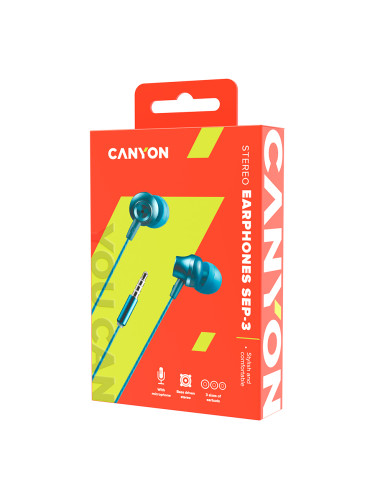 CANYON Stereo earphones with microphone, metallic shell, 1.2M, blue-gr