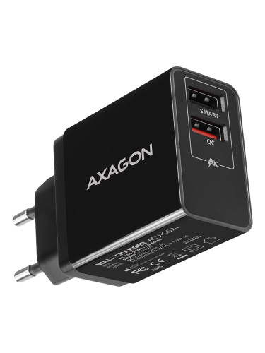 Dual wallcharger <240V / 2x USB port QC3.0/AFC/FCP + 5V-1.2A. 24W tota