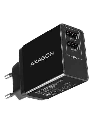 Axagon Dual wall charger <240V / 2x port 5V-2.2A + 5V-1A. 16W total po