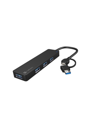 USB хъб Natec Hub Mayfly USB-C 3.0 4 Port + USB-A Adapter Black
