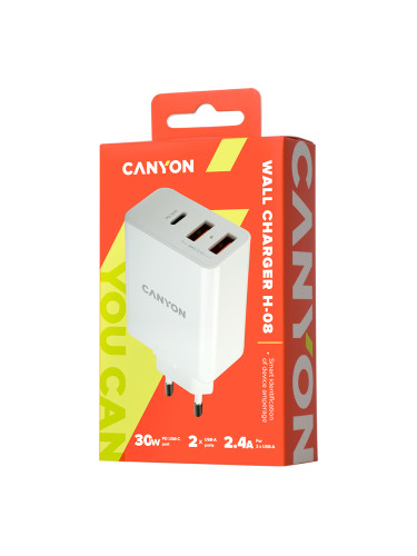 CANYON H-08, Universal 3xUSB AC charger (in wall) with over-voltage pr