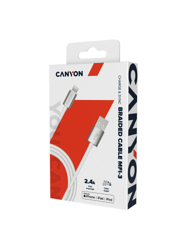CANYON MFI-3, Charge & Sync MFI braided cable with metalic shell, USB 