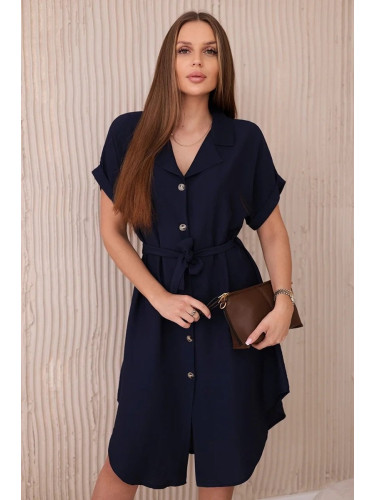 Viscose dress with a tie at the waist navy blue
