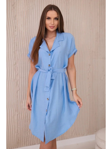 Viscose dress with a tie at the waist blue