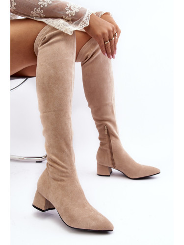 Women's over-the-knee boots with low heels, light beige Maidna