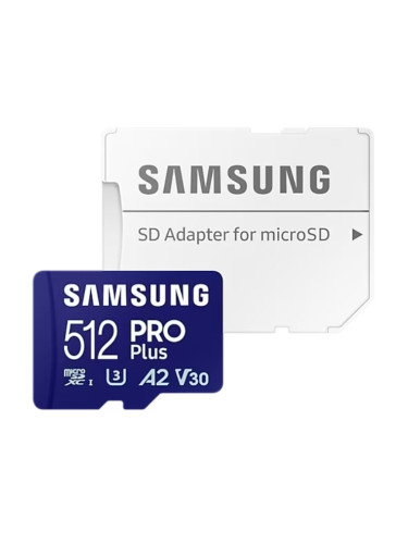 Карта памет 512GB microSDXC с адаптер, Samsung Pro Plus (MB-MD512SA/EU), Class 10 U3, скорост на четене до 180MB/s, скорост на запис до 130MB/s