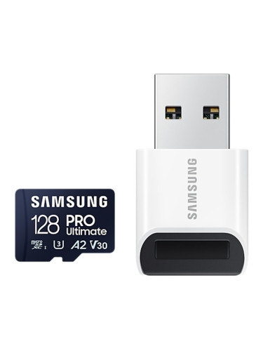 Карта памет 128GB microSDXC с USB четец, Samsung PRO Ultimate (MB-MY128SB/WW), Class UHS-I U3, скорост на четене до 200MB/s, скорост на запис до 130MB/s