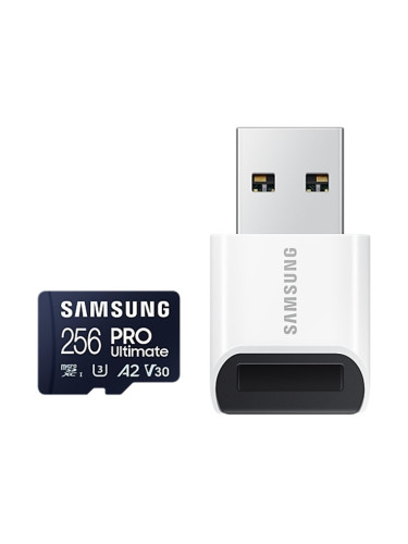 Карта памет 256GB microSDXC с USB четец, Samsung PRO Ultimate (MB-MY256SB/WW), Class UHS-I U3, скорост на четене до 200MB/s, скорост на запис до 130MB/s