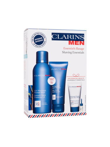 Clarins Men Shaving Essentials Подаръчен комплект гел за бръснене Smooth Shave Foaming Gel 150 ml + гел за бръснене After Shave Soothing Gel 75 ml + почистващ гел за лице Active Face Wash 30 ml + масло за брада Shave and Beard Oil 3 ml