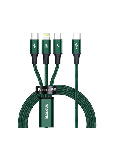 Кабел Baseus Rapid 3-in-1 USB Cable (CAMLT-SC06), от USB-C(м) към USB-C/Lightning/microUSB(м), 1.5m, 15W, зелен