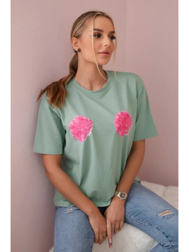 Cotton blouse with flower print dark mint