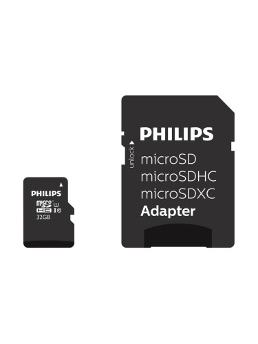 Карта памет 32GB microSDHC с адаптер, Philips FM32MP45B/00, Class 10 U1, V10, скорост на четене до 80MB/s, скорост на запис до 35MB/s