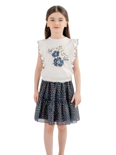 Детски комплект от блуза с къс ръкав в екрю с цветя и шарена пола с ха