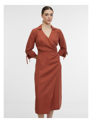 Women's brown wrap dress with linen blend ORSAY