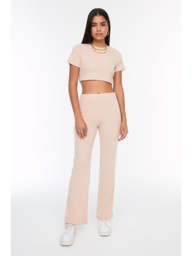 Trendyol Beige Crop Crew Neck Ribbed Stretchy Knitted Blouse and Trousers Top and Bottom Set