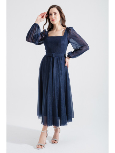Lafaba Women's Navy Blue Square Collar Belted Midi Glitter Evening Dress