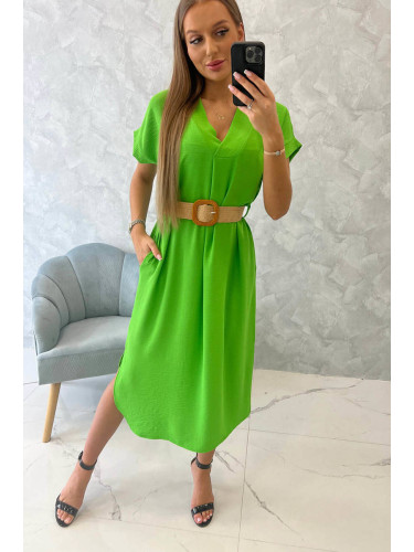 Dress with a decorative belt light green