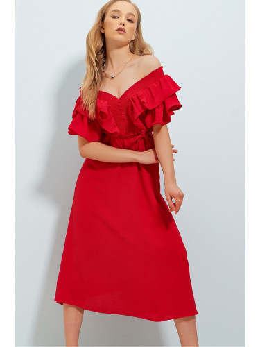 Trend Alaçatı Stili Women's Red Collar Gimped And Flounce Waist Belted Midilength Woven Dress