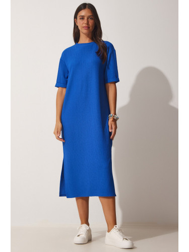 Happiness İstanbul Women's Blue Textured Daily Knit Midi Dress