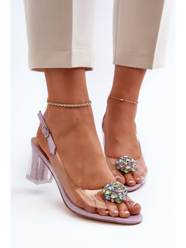 Transparent high-heeled sandals with purple D&A embellishment