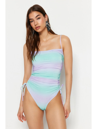 Trendyol Gradient Patterned Strapless Draped Glitter High Leg Regular Swimsuit