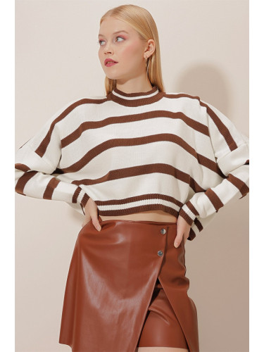 HAKKE Striped Bagel Collar Knitwear Crop Sweater