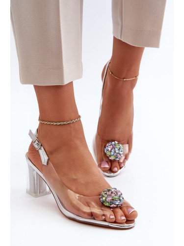 Transparent high-heeled sandals with silver D&A embellishment